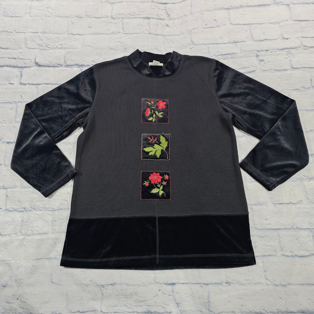 Coldwater Creek Top Women S Black Velvet Trim Floral Tunic Mixed Media Mock VTG